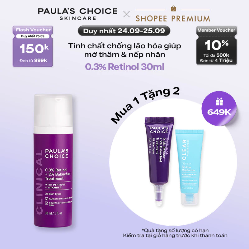 Tinh chất chống lão hóa làm mờ thâm nám và nếp nhăn Paula's Choice Clinical 0.3% Retinol + 2% Bakuchiol 30ml - 8015