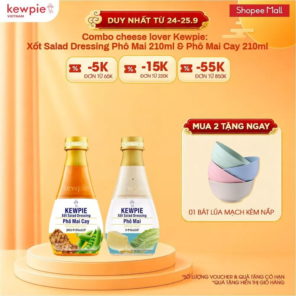 Combo cheese lover Kewpie: Xốt Salad Dressing Phô Mai 210ml & Phô Mai Cay 210ml