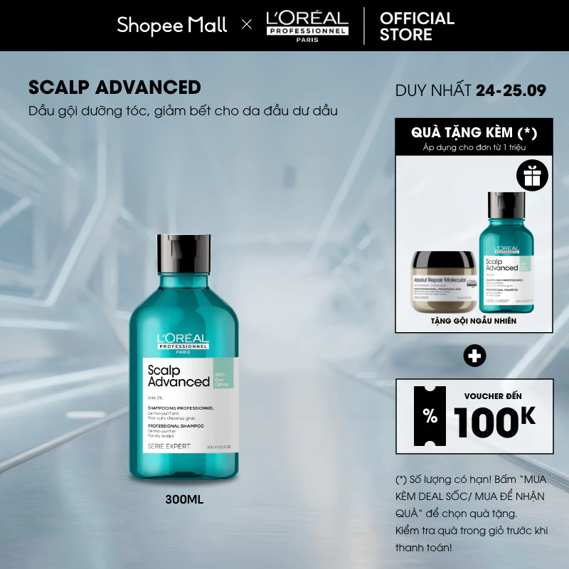 Dầu gội dưỡng tóc giảm bết dầu da đầu, giảm bết tóc chuyên nghiệp L'Oréal Professionnel Scalp Advanced 300ml - Dành cho