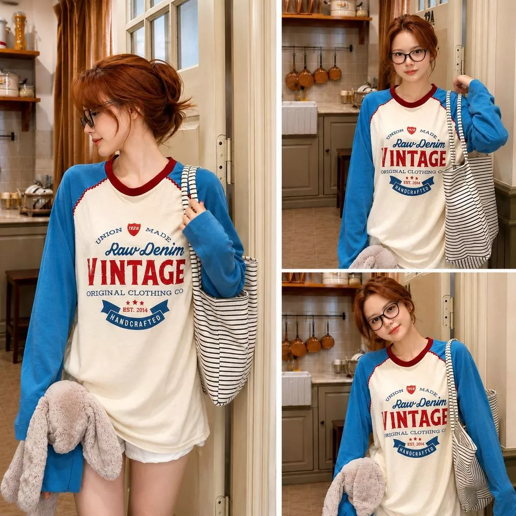 Áo Dài Tay Raglan Nữ Form Rộng Vintage In Chữ Cotton Cao Cấp Phối Màu Xanh Trắng Basic Ulzzang Unisex Hot Trend