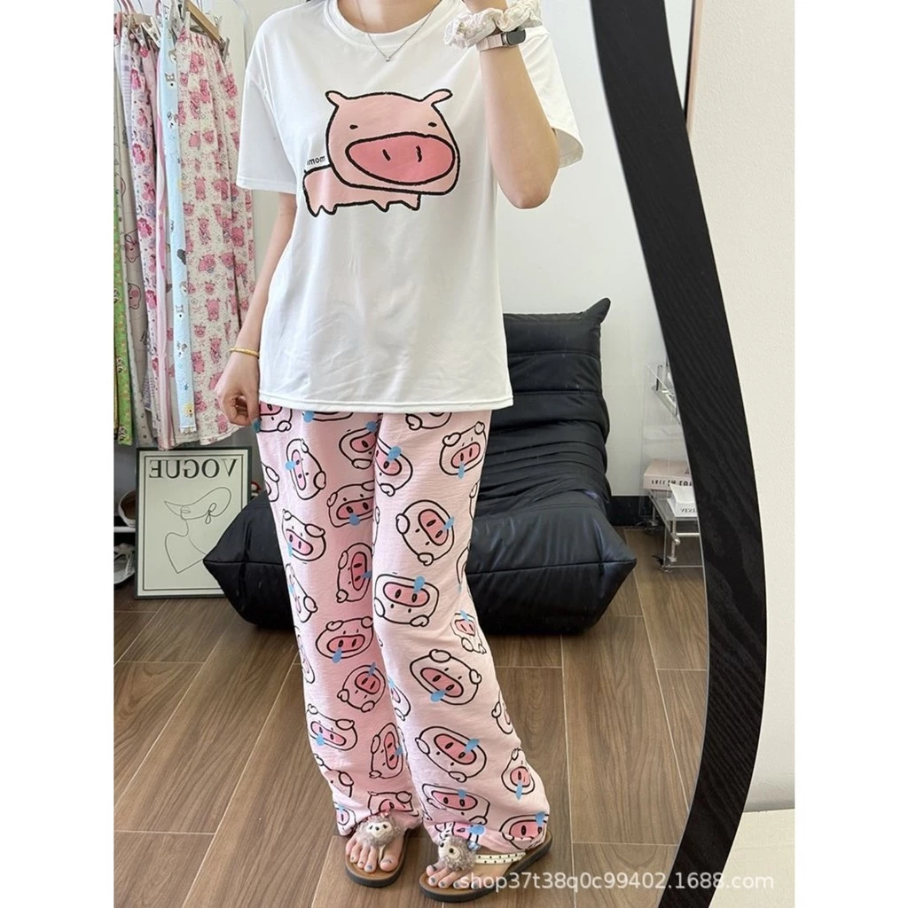 Dễ Thương In Hình Gà Nữ Pyjama Bộ Mùa Hè Nhẹ Rời Phù Hợp Với Homewear Quần Dài Thường Ngày Phòng Chờ Mặc