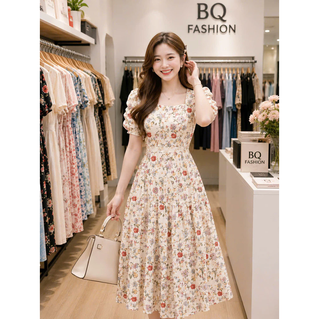 Đầm Lụa Hoa Nhí Nữ Tính Thanh Lịch Váy Hoa Nhí Cổ Vuông Nhún Ngực Tay Bồng Xoè Cực Tôn Dáng K&B FASHION