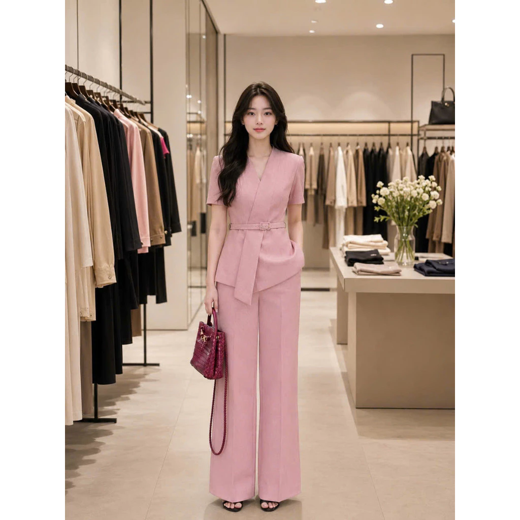Set Vest Cổ V Vạt Chéo Tay Ngắn Cao Cấp Áo 2 Lớp Phối Quần Tây Ống Suông Tôn Dáng Thanh Lịch JANGMY2