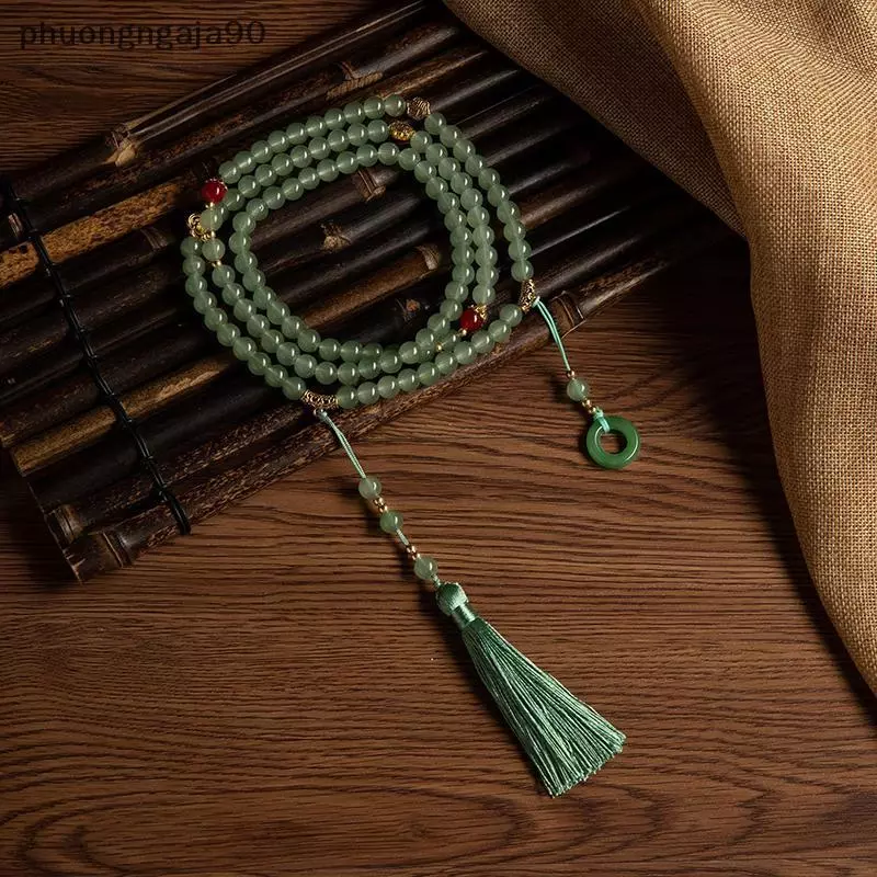 Trung Quốc phong cách dài màu xanh lá cây hạt tua Vòng cổ Thiền đồ trang sức quà tặng