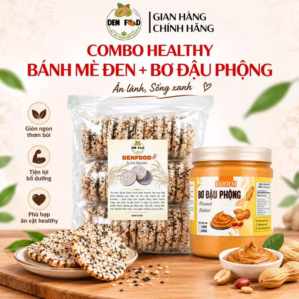 [COMBO HEALTHY] Bánh Gạo Lứt Mè Đen 500g & Bơ Đậu Phộng Không Đường 500g - Ăn Vặt Denfood