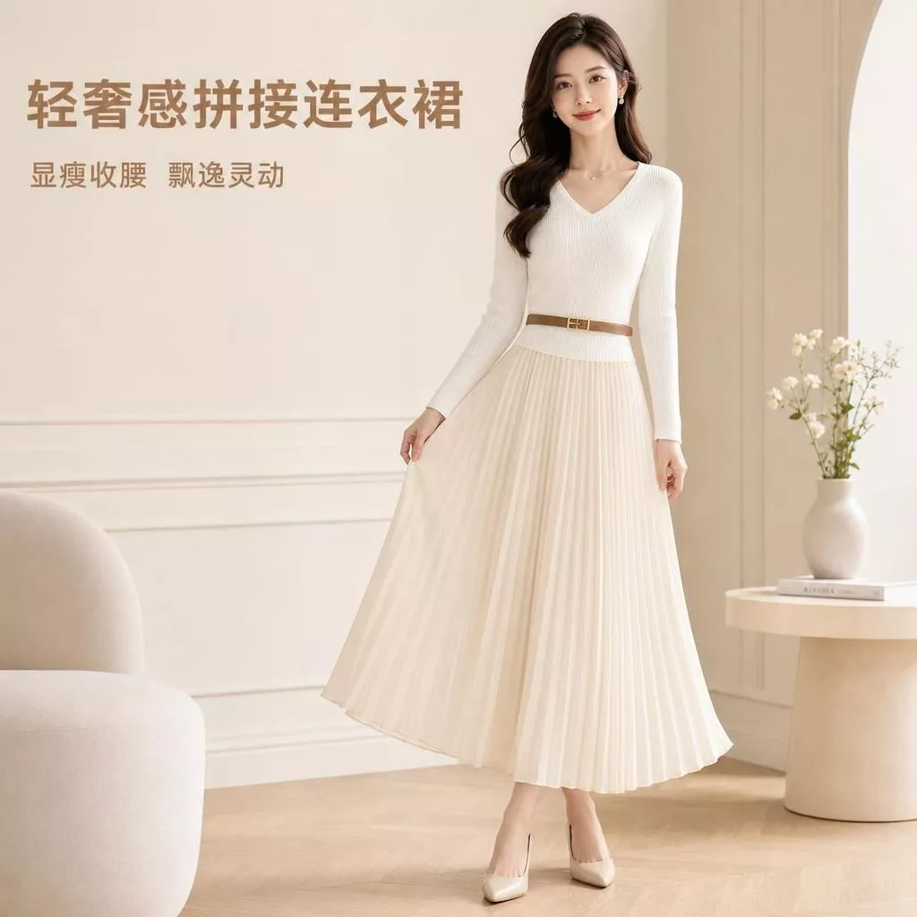 Bộ đồ nữ phong cách nhẹ nhàng thanh lịch gồm áo len chắp vá kết hợp chân váy xếp ly xòe rộng eo thon có thắt lưng màu