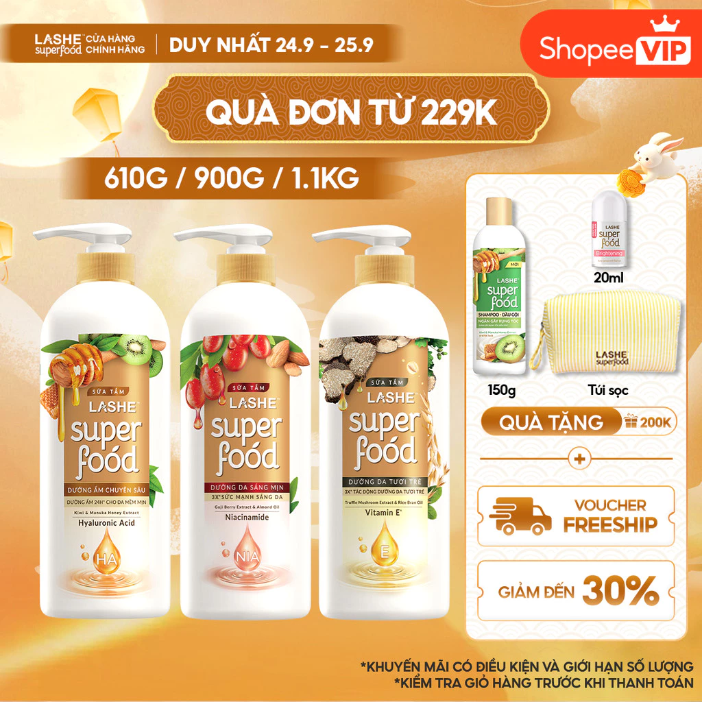[VOUCHER SVIP 20%] Sữa Tắm LASHE SUPERFOOD Dưỡng Da Sáng Mịn / Dưỡng Ẩm Chuyên Sâu / Dưỡng Da Tươi Trẻ 610G/ 900G/ 1.1KG
