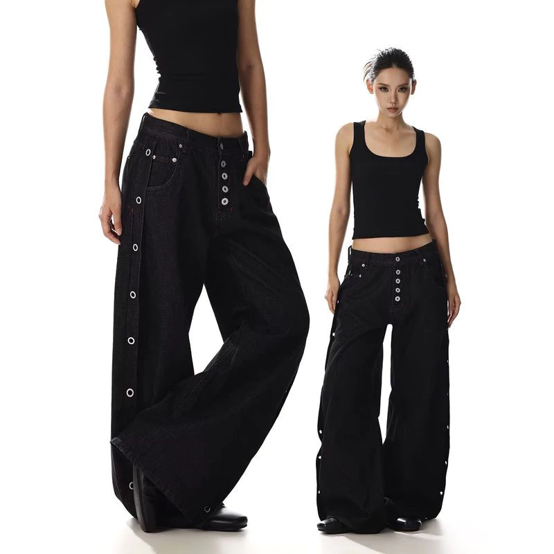 Quần Denim ống rộng thiết kế giải cấu trúc của Mỹ có chi tiết nút