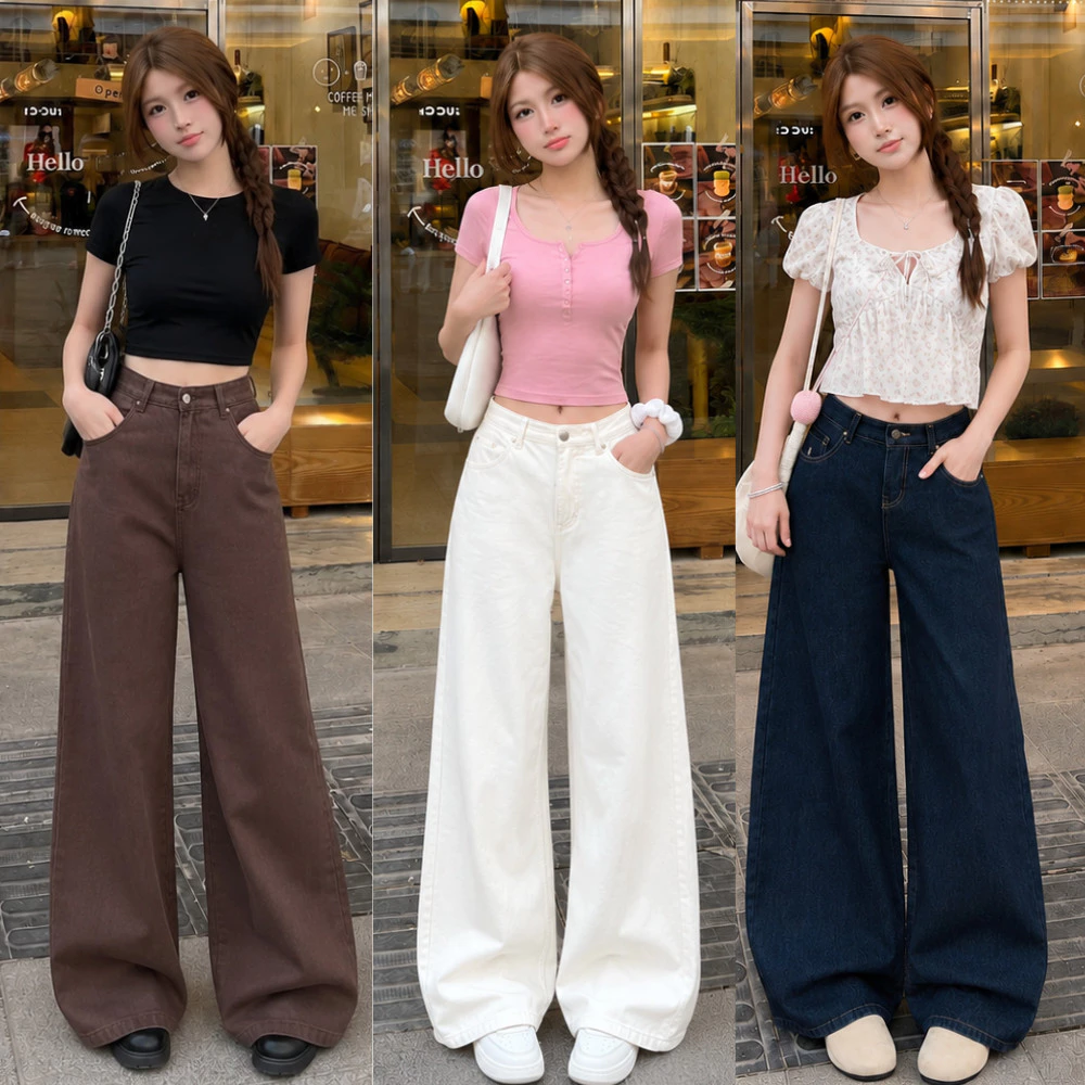 Quần jeans NÂU ỐNG Suông  MIAA form rộng dài chùm phủ chân cạp cao đủ size S-2XL Phong Cách Hàn Quốc dáng dài lưng cao