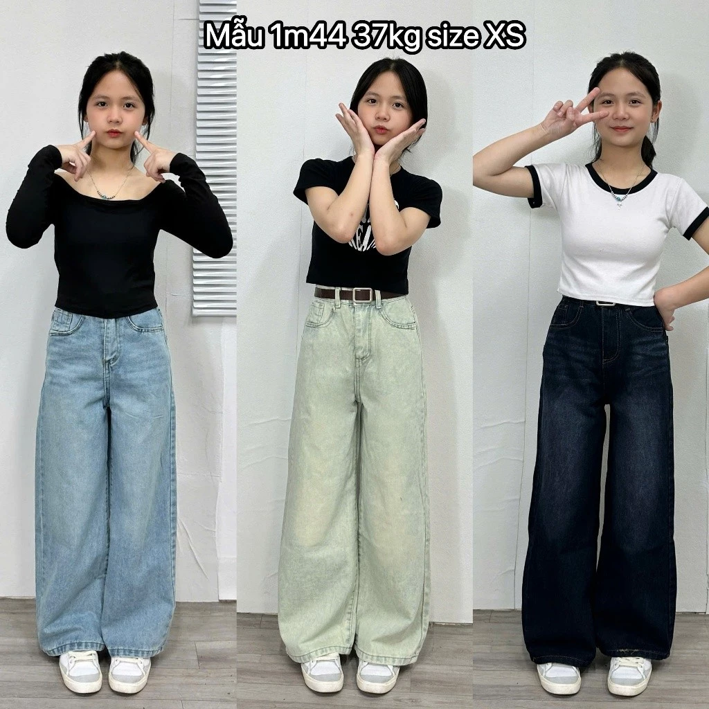 Quần Jean Ống Rộng NẤM LÙN 9 Tấc 90cm Suông Trơn Wash Bụi Cho Nữ Xuông Cạp Cao cho nấm lùn size nhỏ m40 m45 m48 m50 Y2K