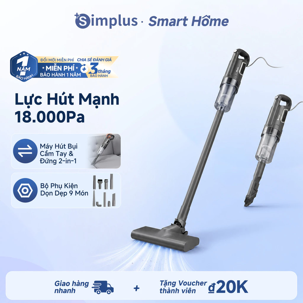 Simplus Máy hút bụi 18000PA Hộp chứa bụi dung tích lớn 0,6L Đi kèm đầu hút phẳng dài 2 trong 1+Bộ đầu hút 9 món XCQH011