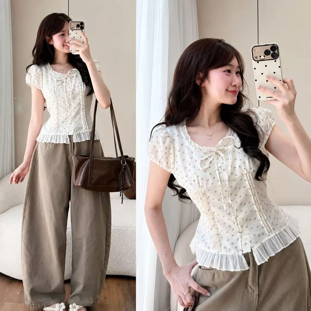 Áo Kiểu Nữ Hoa Nhí Tay Bồng Cổ Vuông Phối Ren Bèo Đính Nơ Eo Chiết Áo Tiểu Thư Vintage Hàn Quốc Mặc Đi Chơi
