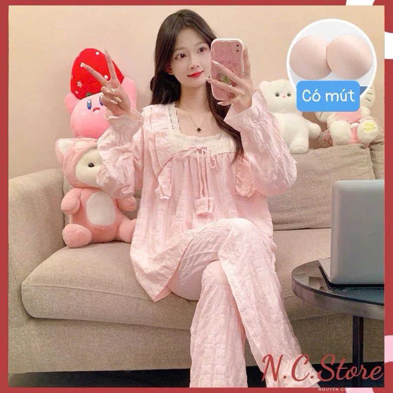 Bộ Ngủ Dài Tay Đũi Xốp Bèo Viền Ren Công Chúa Dễ Thương Mặc Nhà Có Mút