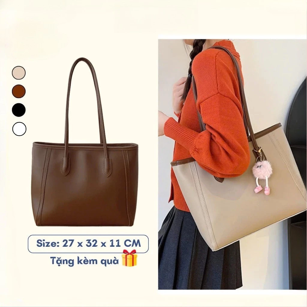 Túi tote túi xách nữ kèm gấu đeo vai công sở đi du lịch da trơn cao cấp Hàn Quốc