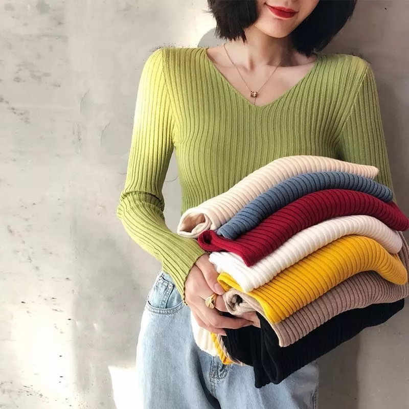 Áo len dài tay dệt kim mùa xuân thu đông mới form ôm sát mỏng mặc lót màu bơ xanh