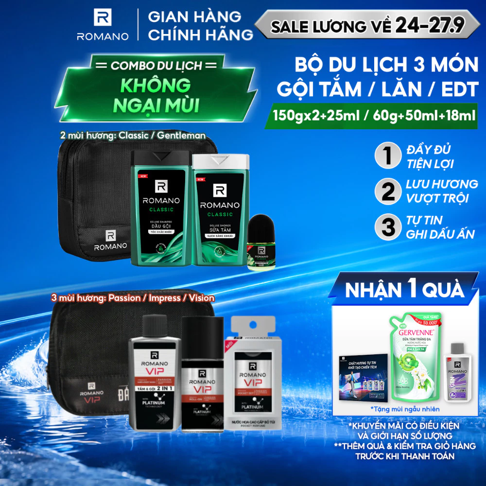 Bộ sản phẩm du lịch Travel Kit Romano 3 món dành cho nam (Classic/ Gentleman/ VIP Passion/ Vision/ Impress)