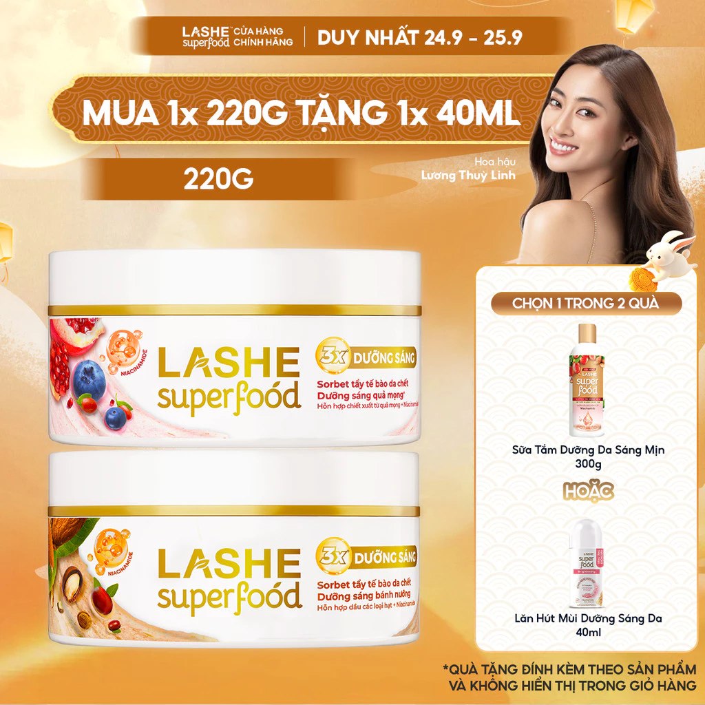 [MỚI] Kem Tuyết Tẩy Tế Bào Chết LASHE SUPERFOOD Dưỡng Sáng Da Hương Quả Mọng/Bánh Nướng 220G Tặng Sữa Tắm 300G/ Lăn 40ML