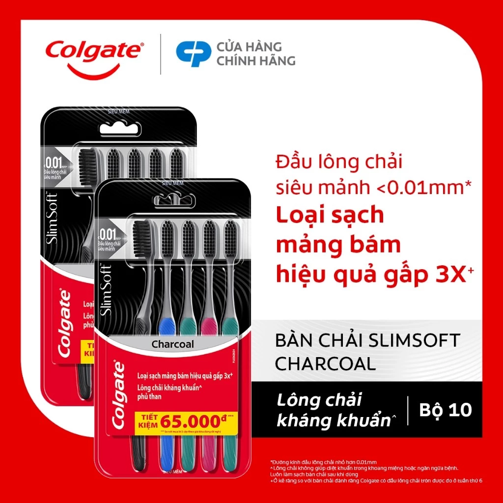Bộ 10 Bàn chải Colgate SlimSoft Charcoal than hoạt tính kháng khuẩn siêu mềm mảnh
