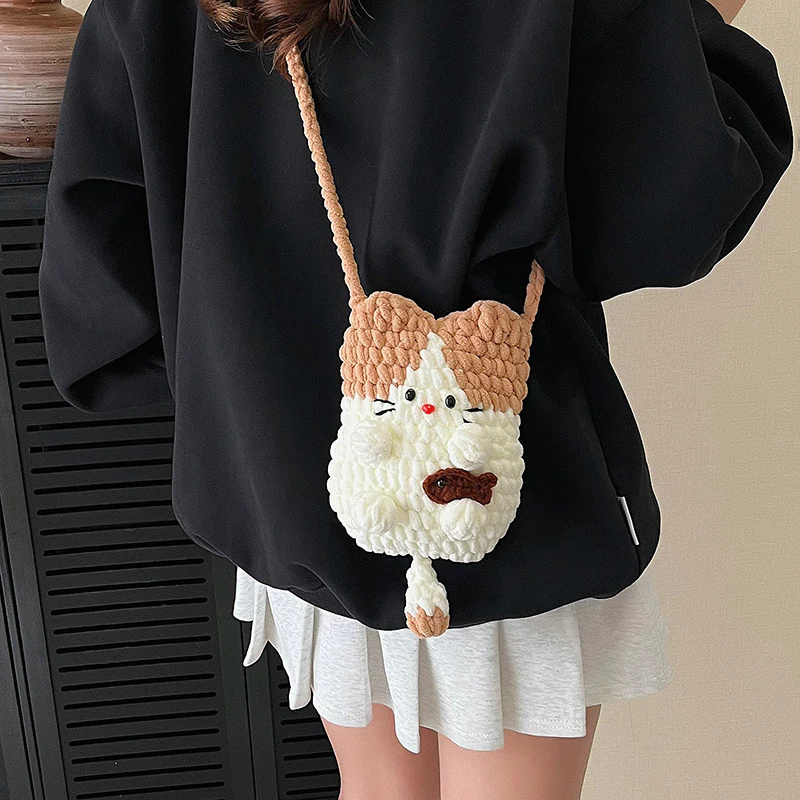 Hoạt Hình Dễ Thương Mèo Đan Móc Túi Điện Thoại Di Động Cô Gái Nhật Bản Dệt Kim Mèo Mèo Ví Đựng Tiền Xu Túi Đeo Ngang Hợp Thời Trang