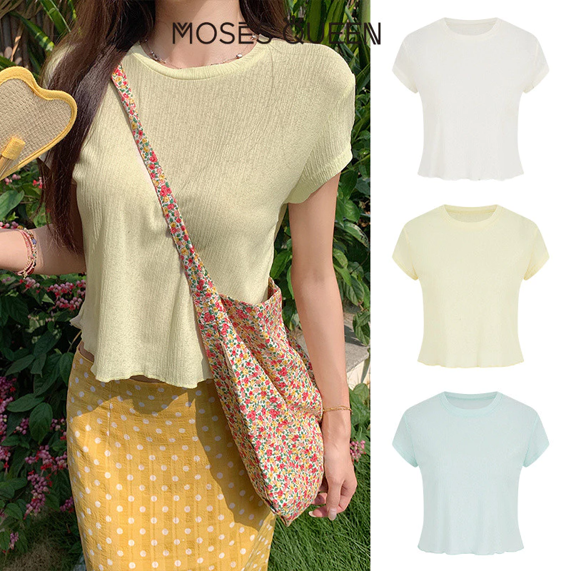 MOSESQUEEN Áo thun nữ trơn cổ tròn hơi trong suốt, áo blouse mùa hè tay ngắn nhẹ với chi tiết viền tai gỗ #63923