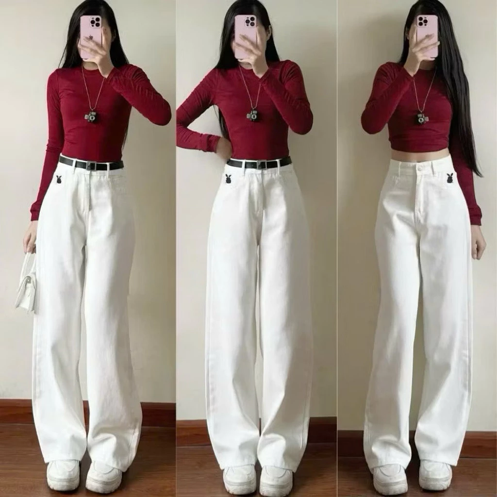 Quần jean nữ thêu hình,Quần jean nữ ống rộng cạp cao hách dáng