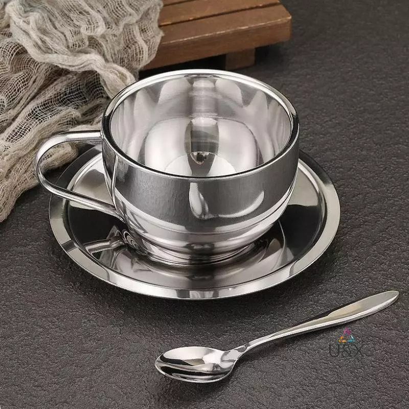 Bộ cốc cà phê bằng thép không gỉ U & X Cốc sữa và đĩa kèm thìa thảm đĩa Dễ dàng làm sạch và tái sử dụng Cốc lắc sữa cho trại Ravel MỚI