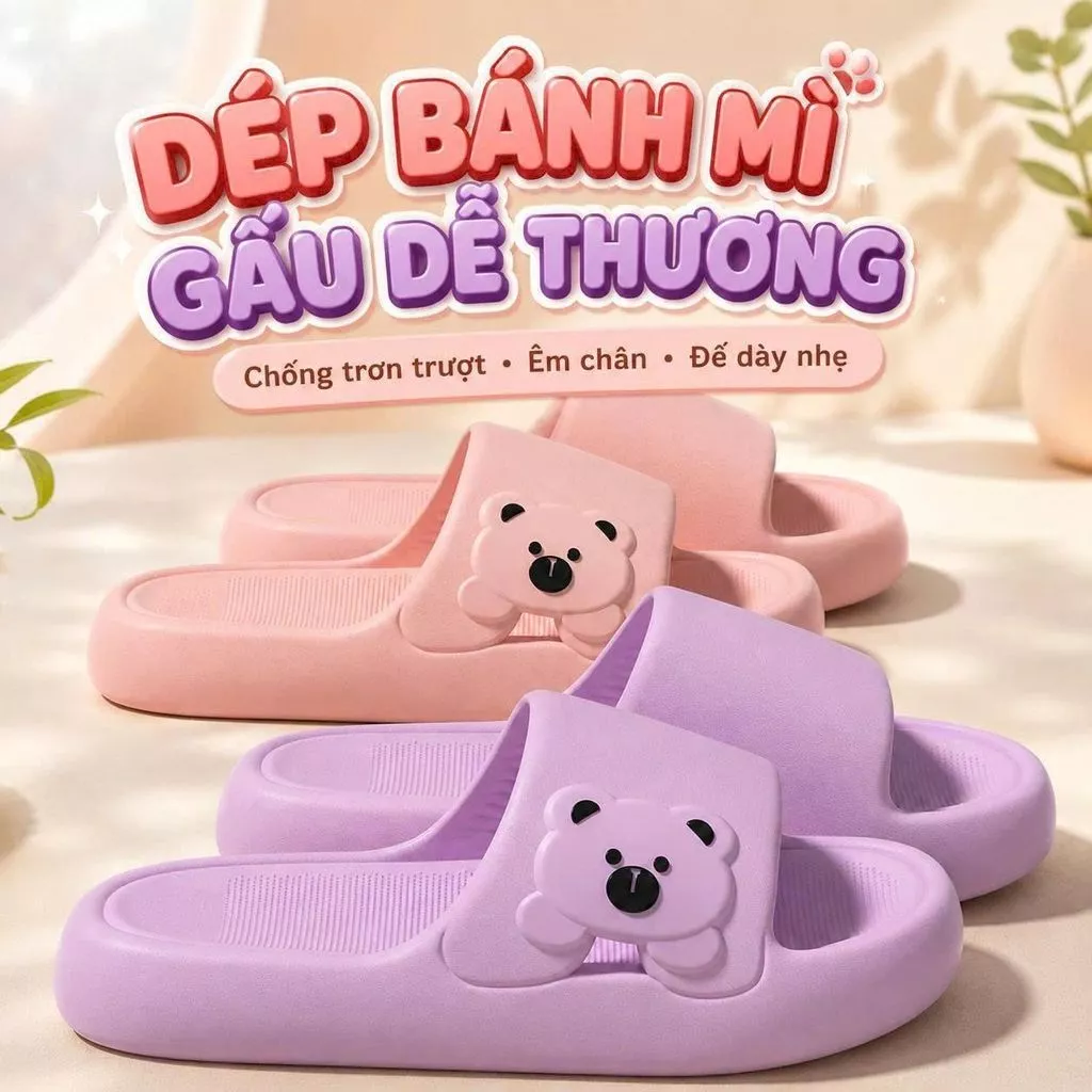 Dép bánh mì gấu dễ thương eva đế dày chống trơn trượt dép nữ đi trong nhà ngoài trời