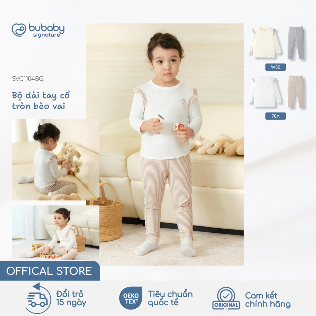 Bộ quần áo dài tay bé gái bèo vai BU Baby, bộ dài gái thu đông mặc nhà đi học ấm áp | SVC1104BG