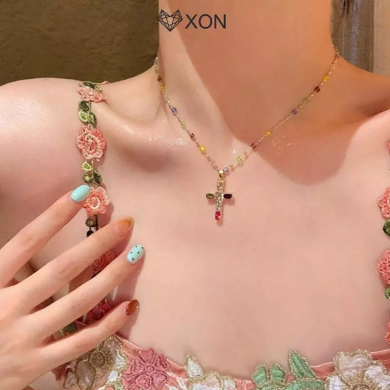 [XON] Mặt dây chuyền chữ thập Y2K Nelace đầy màu sắc sáng bóng Zircon pha lê đính cườm cho nữ Quà tặng sinh nhật Trang sức trang trí tiệc [Mina]