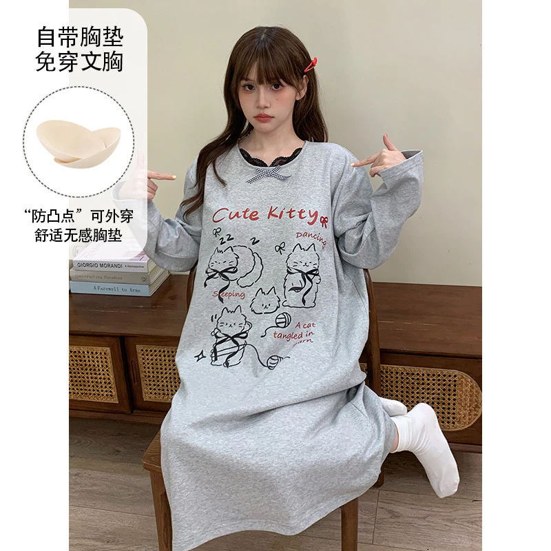 Đệm Váy Ngủ Bộ Đồ Ngủ Nữ Plus Kích Thước Bộ Đồ Ngủ Đầm Thu Đông Tay Dài Đồ Ngủ Người Phụ Nữ Rời Mặc Ở Nhà M-3XL