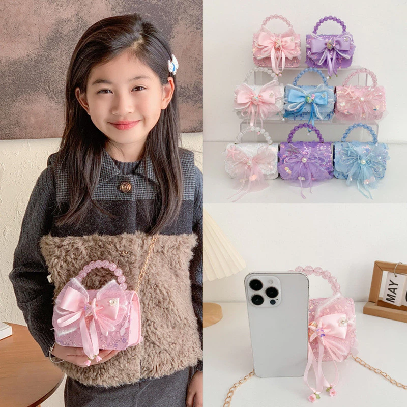 Phong Cách Mới Túi Xách Dễ Thương Bé Gái Trẻ Em Tiền Xu Phong Cách Phương Tây Đính Kim Sa Lấp Lánh Thời Trang Công Chúa Ngọc Trai Đeo Vai Túi