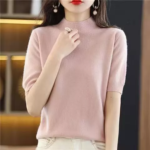 Áo Len Nữ Cổ Lửng Ngắn Tay 5 Phân Dáng Slim Đeo Trong Đeo Ngoài Đa Năng Màu Hồng Đỏ Tím Xám Trắng Cam Vàng
