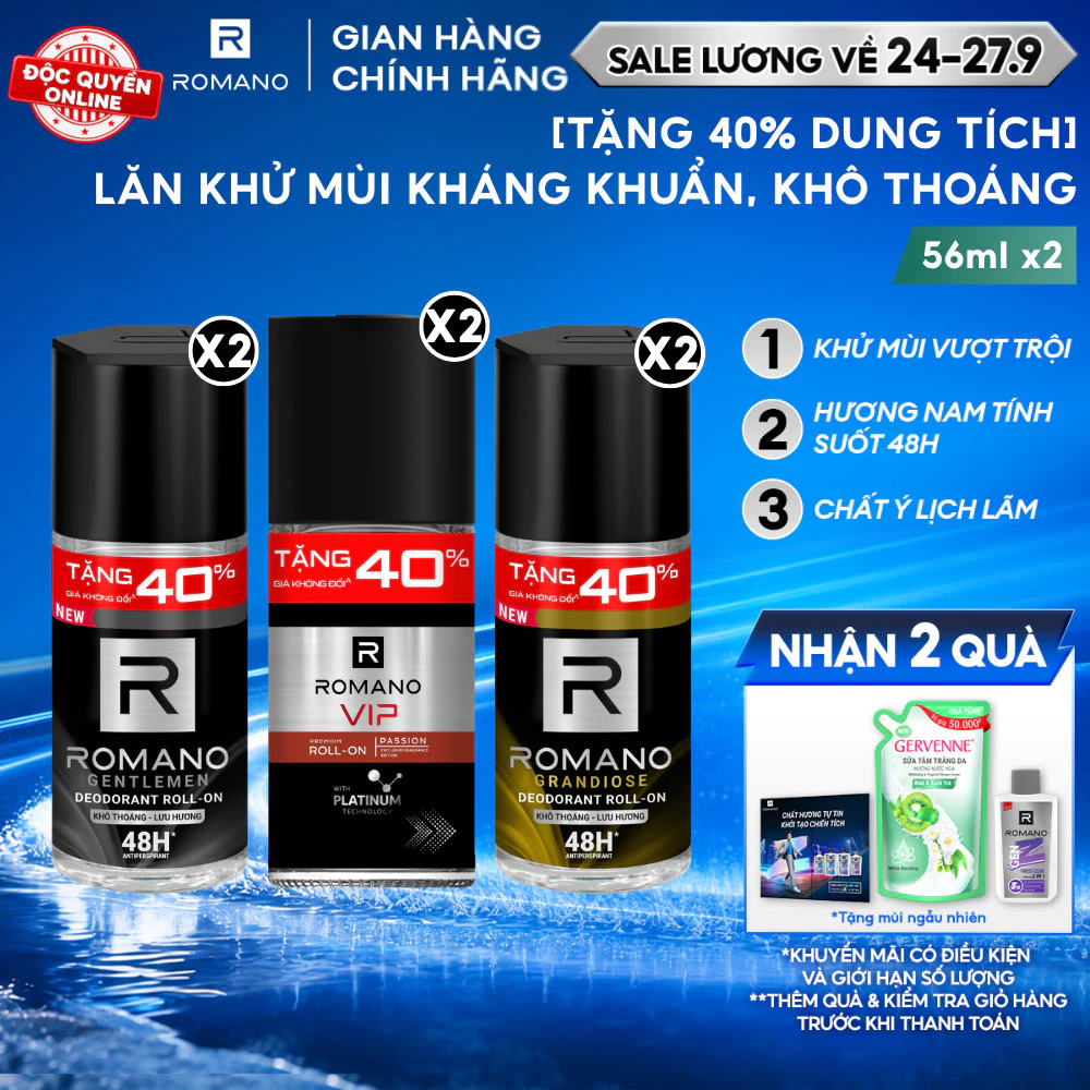 [TẶNG 40% dung tích] COMBO 2 Lăn khử mùi Romano Khử mùi vượt trội, Hương nam tính suốt 48H 56ml x 2
