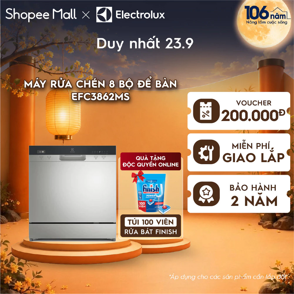 [Tặng 100 viên Finish] Free giao lắp - Máy rửa bát Mini 8 bộ Electrolux EFC3862MS - tự động mở cửa, sấy khô diệt khuẩn