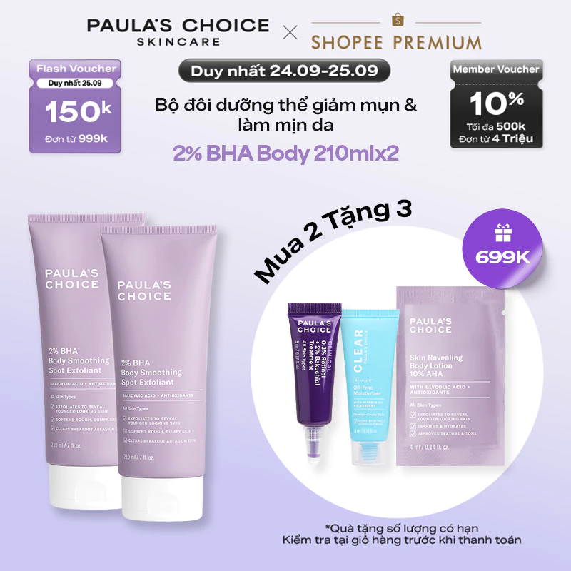 Bộ đôi kem dưỡng thể hỗ trợ giảm mụn và làm mịn da Paula's Choice 2% BHA Body Smoothing Spot Exfoliant 210ml 5701-5701