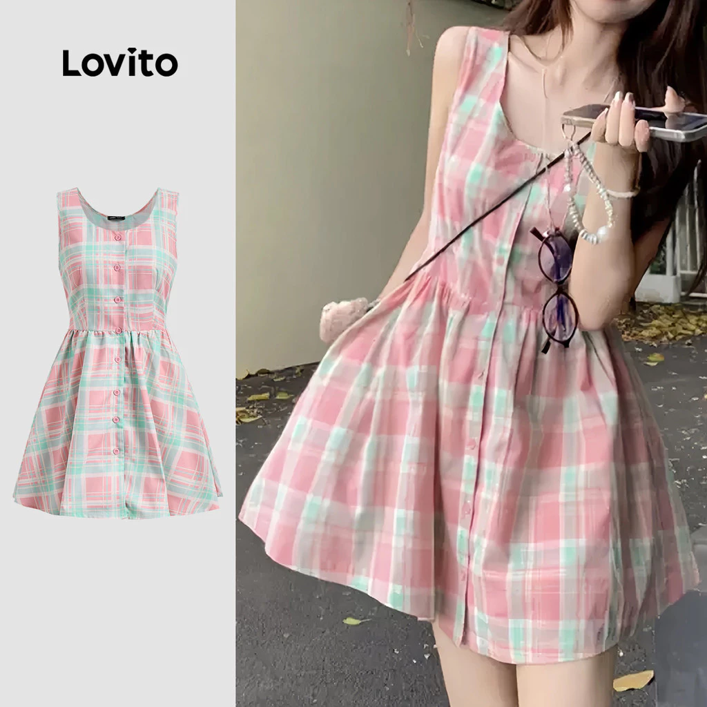 Lovito Váy Kẻ Caro Cài Nút Thường Ngày Mùa Hè/xuân Dành Cho Nữ L133AD514