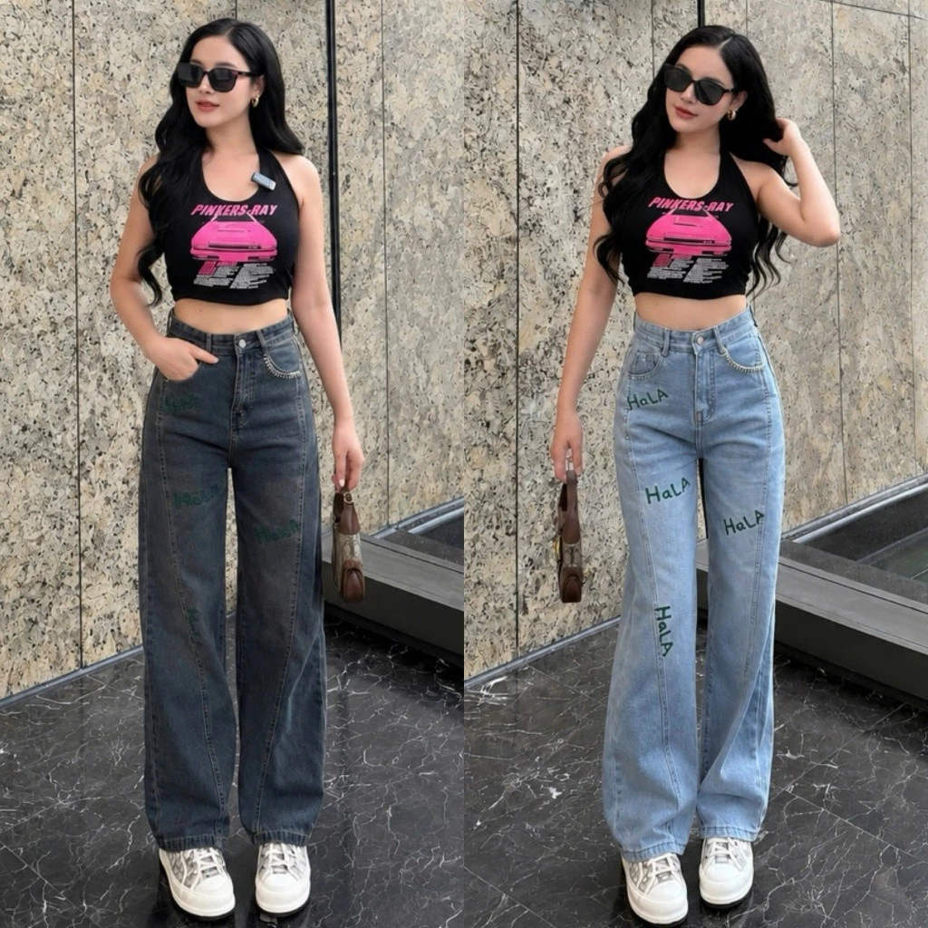 YOLOXI -Quần Jeans Suông 2 Màu,Thêu HaLa Hoạ Tiết Thêu Siêu Đáng Yêu - Ống Dài 100cm,Cạp Cao,Form Suông, Không Giản