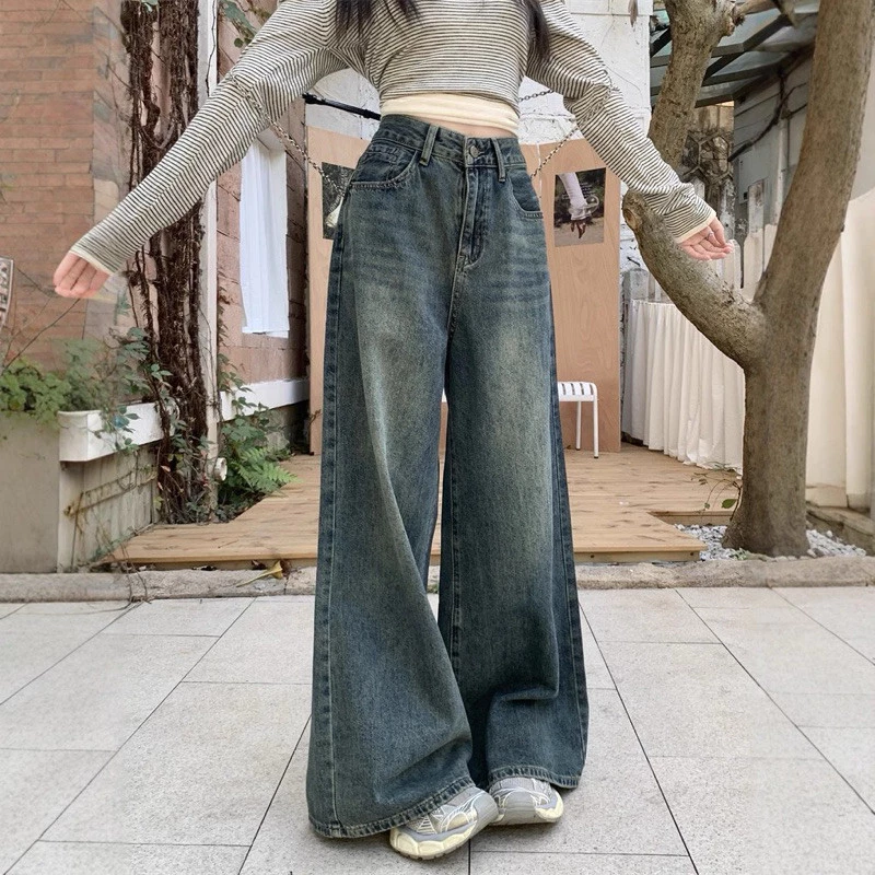 Quần jeans suông trơn lưng cao ống rộng phong cách basic đơn giản