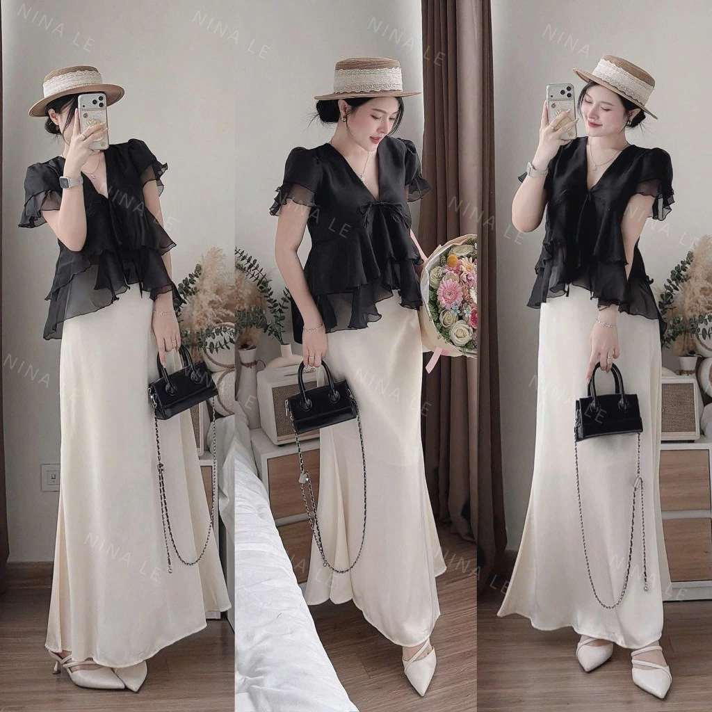 [ Hàng sẵn] Set áo tơ bèo mix chân váy dài xoè phong cách tiểu thư sang chảnh, bánh bèo KAZY S380