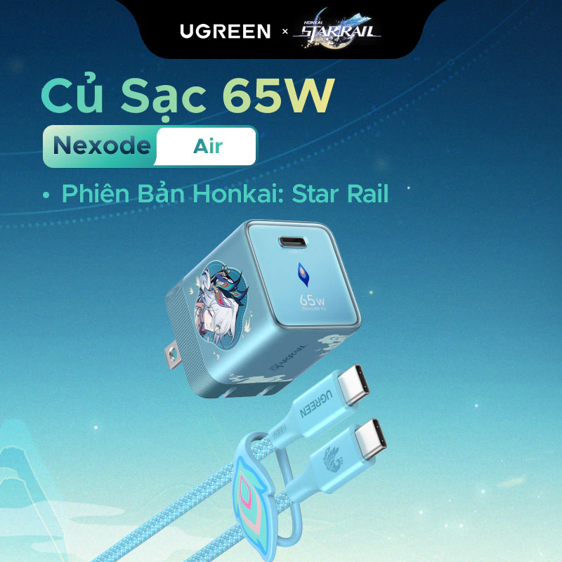 【Phiên Bản Honkai: Star Rail】UGREEN Bộ sạc USB-C 65W AVS GaN USB-C Phích cắm có thể gập lại + Cáp USB-C 100W 1m(US Plug)