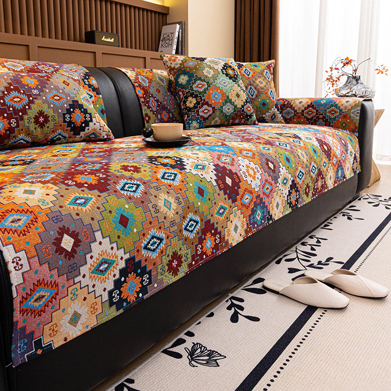 [Sản phẩm mới] Đệm sofa Cotton Polyester phong cách Bohemian Họa tiết hình học Jacquard Máy chống trượt có thể giặt được Bốn mùa Vỏ bọc ghế sofa đa năng