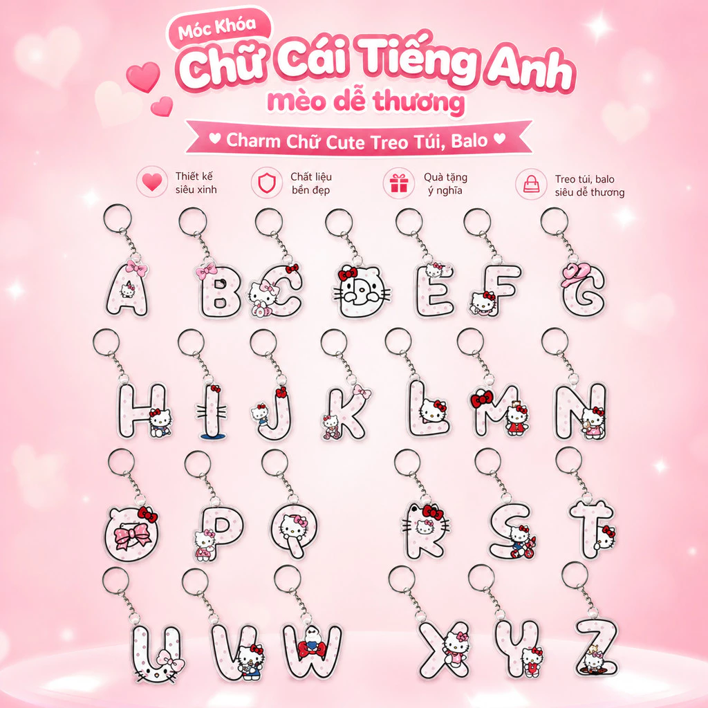 Móc Khóa Chữ Cái Tiếng Anh mèo dễ thương, style kitty cute – Charm Chữ Cute Treo Túi, Balo