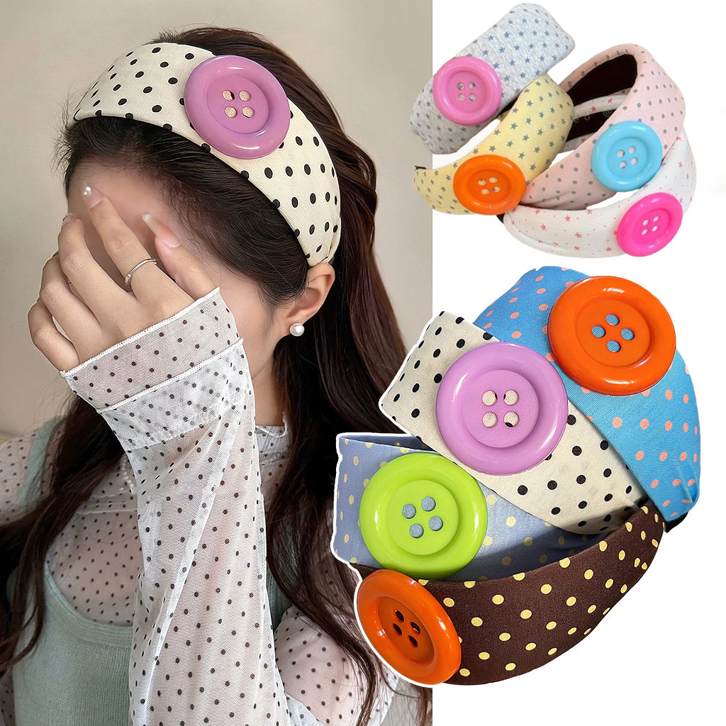 Dây Đeo Đầu Nút Chấm Bi Cho Nữ Hàn Quốc Ngọt Ngào Và Dễ Thương Nhiều Màu Sắc Băng Đô Rộng Phụ Kiện Tóc