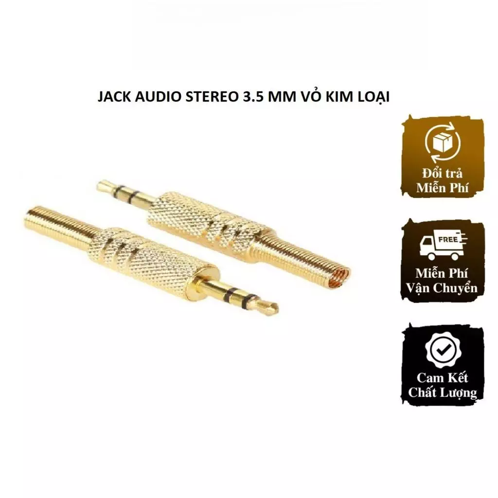 Jack Audio stereo 3.5 mm vỏ kim loại, vỏ màu gold, không vỏ kẹp dây