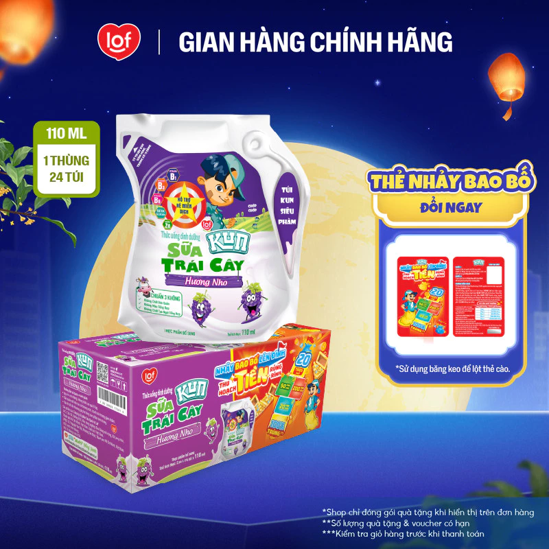 Sữa trái cây KUN vị nho thùng 24 túi x 110ml