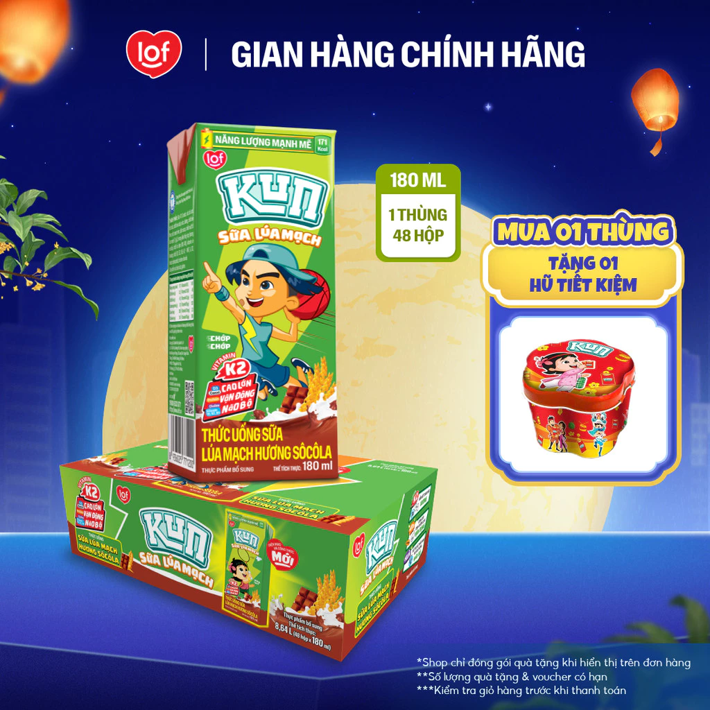 [Giá tốt trong Live] Sữa lúa mạch KUN vị socola thùng 48 hộp x 180ml