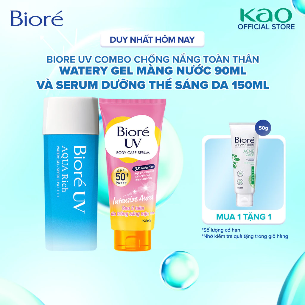 Combo Biore UV Chống Nắng Toàn Thân Watery Gel Màng Nước 90ml và Serum Dưỡng Thể Kháng Bụi Sáng Da 150ml