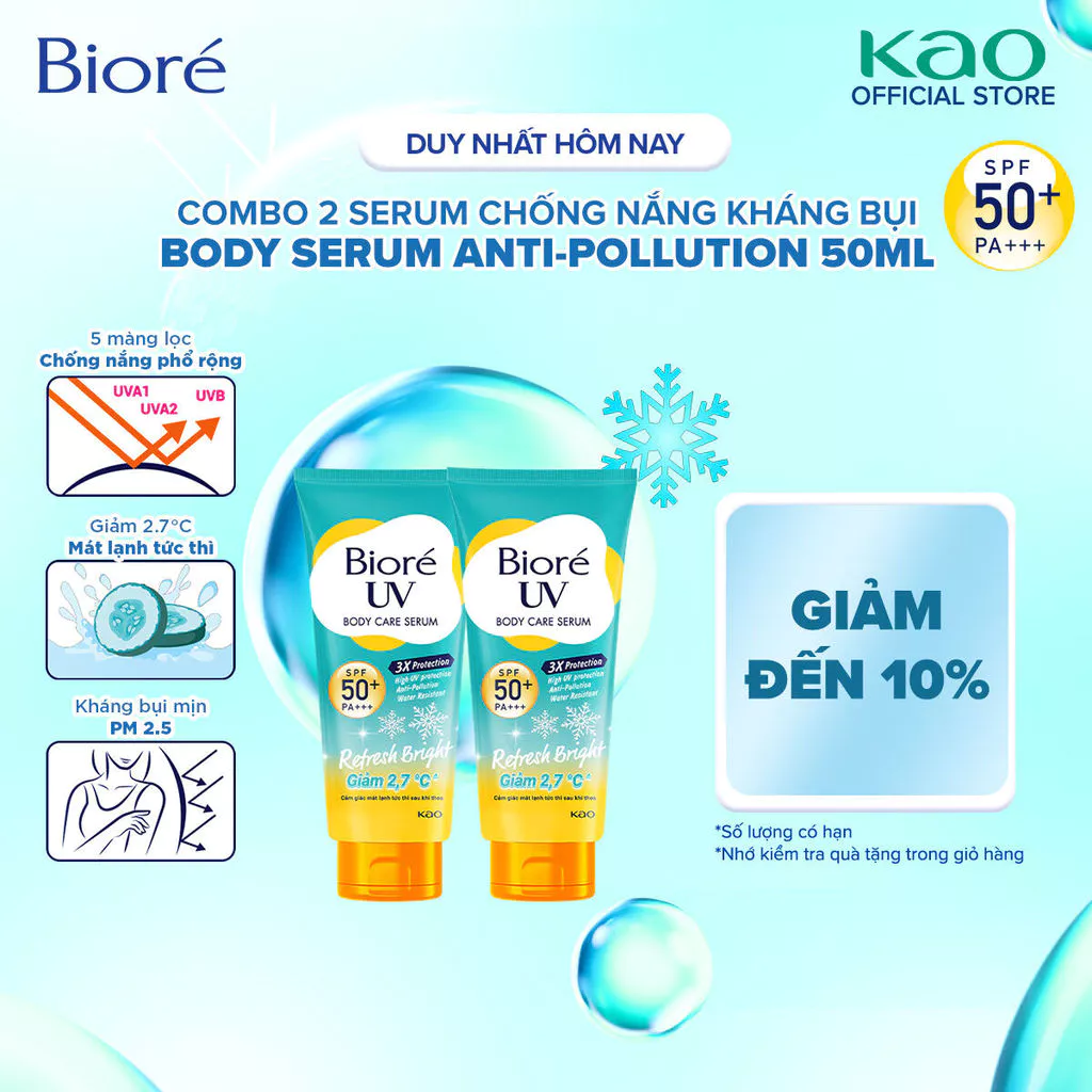 Combo 2 Biore UV Serum Chống Nắng Dưỡng Thể Kháng Bụi - Sáng Mịn Mát Lạnh SPF50+/PA+++ 50ml