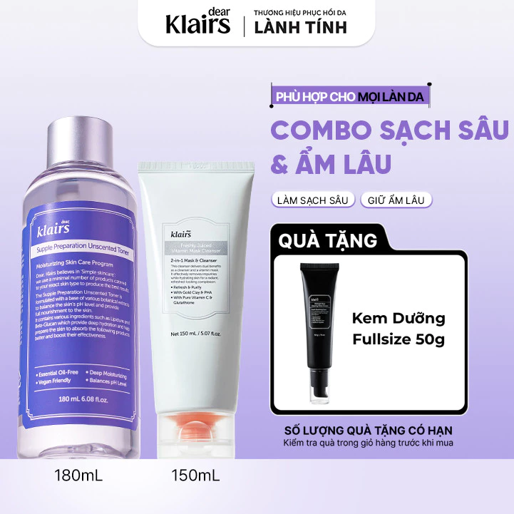 Combo Sữa rửa mặt Dear, Klairs Vitamin Mask Cleanser 150ml + nước hoa hồng Supple Preparation Unscented Toner 180mL [FS]