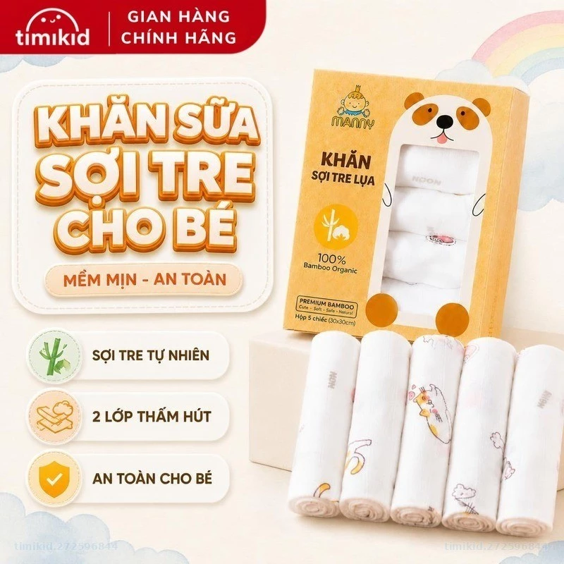 Khăn Sữa Sợi Tre Cho Bé Manny Hộp 5 Chiếc Mềm Mịn 2 Lớp 30x30cm - Timikid
